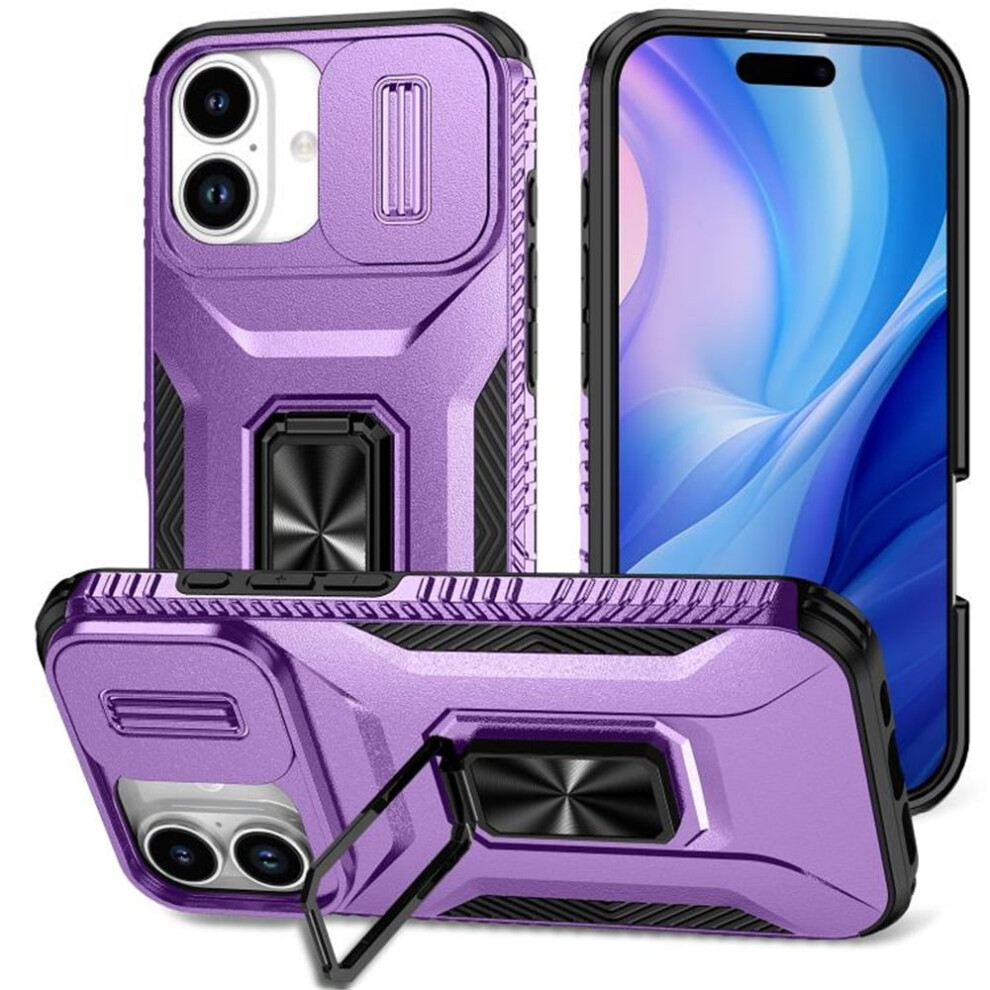 Slim Fit Shockproof Hybrid Case For Iphone 17 (6.3") – Slide Camera Cover, Rotated Ring Kickstand, Military-Grade, Purple 9340959367214