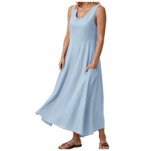 Langes, ärmelloses, elegantes und fließendes Sommerkleid aus Baumwoll-Leinen-Mischgewebe für Damen in Übergröße (XXXXL) mit Taschen, Himmelblau
