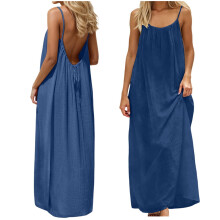 Vestidos de verão femininos, sem mangas, com costas abertas, estilo camisola, com alças finas, vestido azul-marinho feminino.
