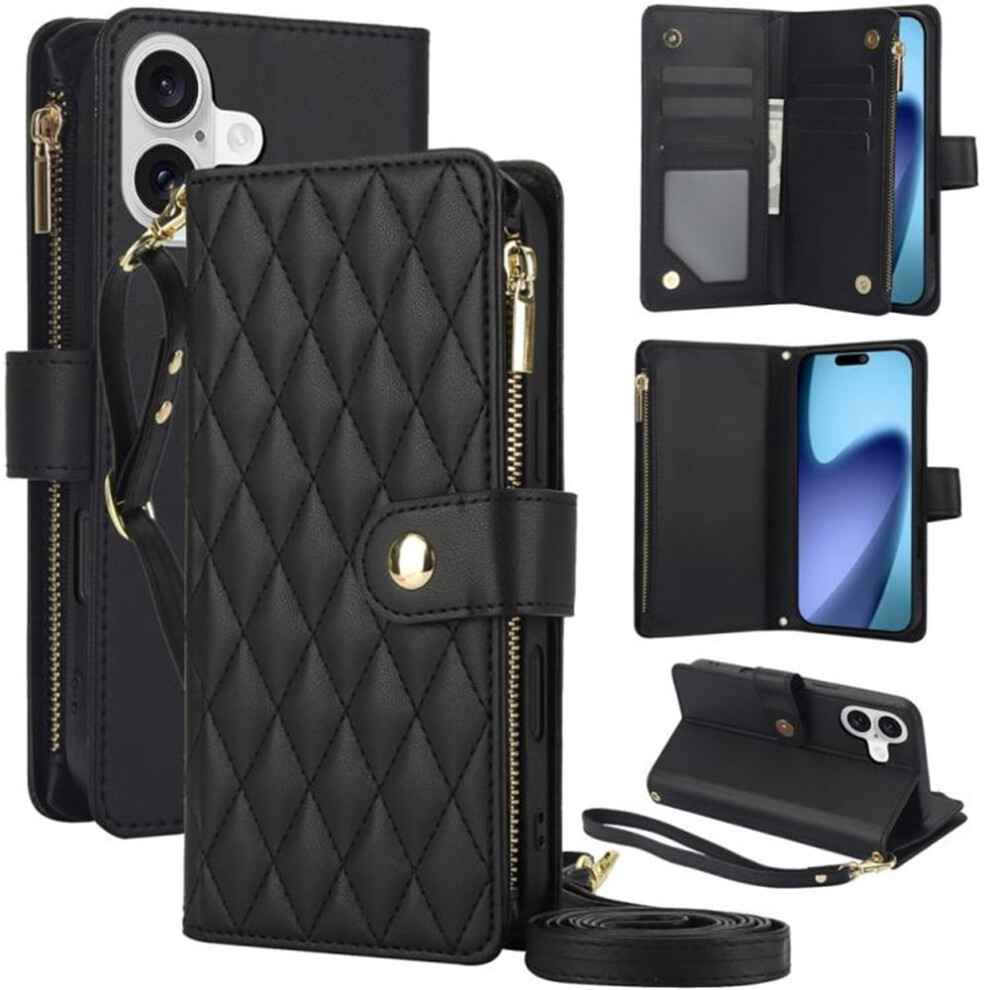 Rfid-Blocking Flip Wallet Case For Iphone 17 (6.3") Â 3-Card Slots, Kickstand, Wrist Strap, Lanyard & Zipper, Black 9340959370016