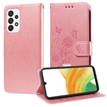 Roze flipcase met reliëf van vlinders en bloemen voor Samsung Galaxy A33 5G - Schokbestendig, standaard, vakjes voor pasjes en contant geld