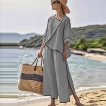Conjunto feminino casual de duas peças com estampa listrada, blusa de manga 3/4 e calça pantalona cinza, tamanho XL.