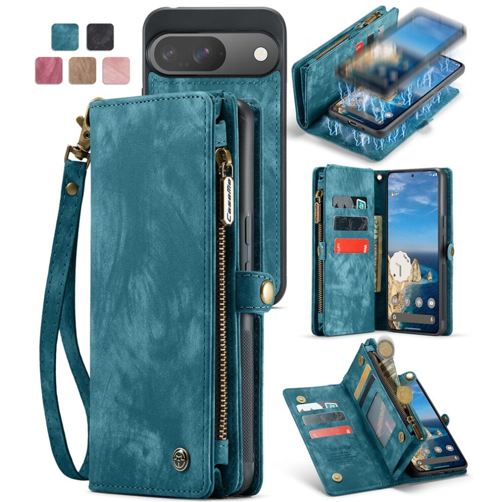 Caseme Leather Case For Google Pixel 9/9 Proâ2-In-1 Detachable Wallet, 8-Card Holder, Zipper Bills Slot, Magnetic Shockproof Flip Cover, Blue 9180479351832