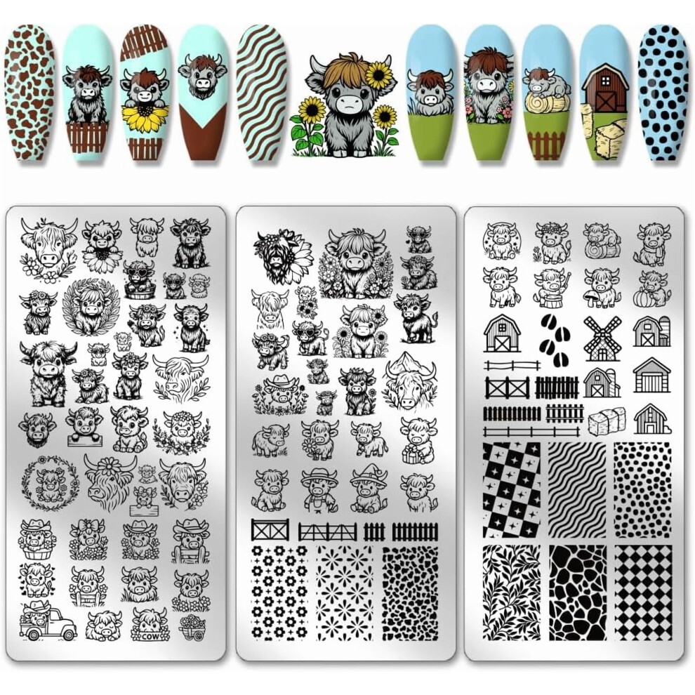 3pcs Highland Cow Nail Stamping Plates â Rustic Farm Animal Art, Compatible with All Nail Stampers