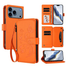Magnetic Clasp Flip Stand Case with Lanyard & 5-Card Holder for compatible with iPhone 17 Pro Max – Orange Leather Wallet