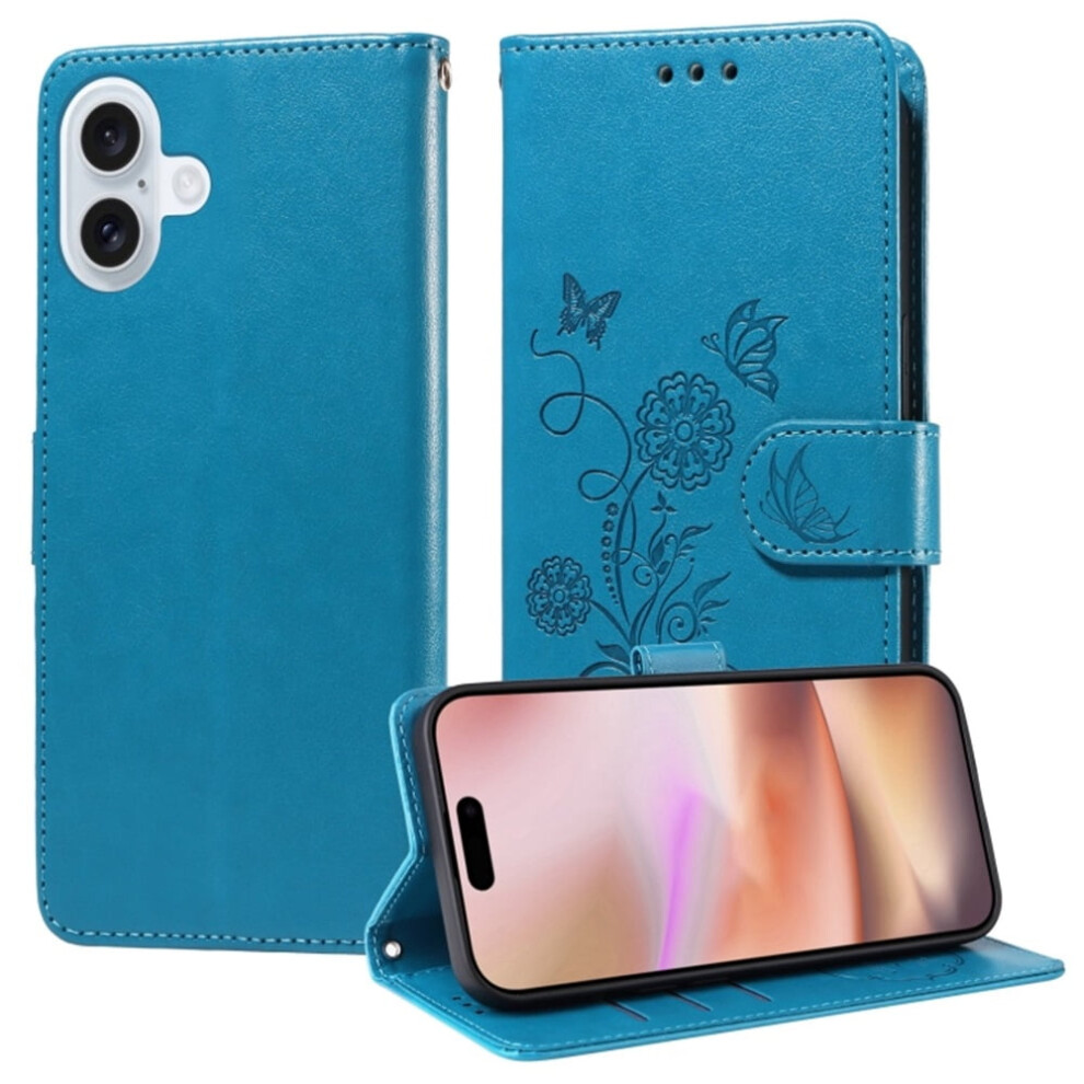 Embossed Butterfly Flower Leather Flip Case For Iphone 16 Â Shockproof, Kickstand, Card Slots & Cash Compartment Blue 9180479353652