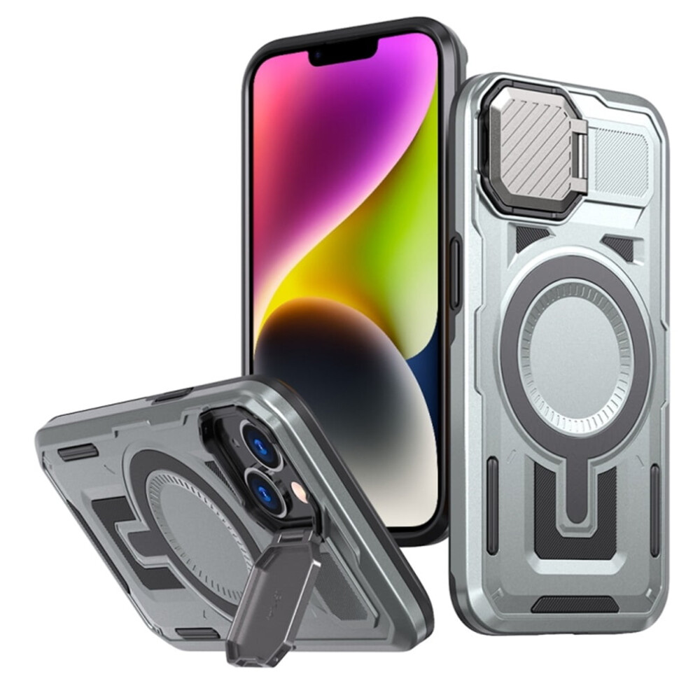 Rugged Magnetic Case For Iphone 14 Plus 6.7", Military-Grade Protection, Adjustable Metal Camera Cover & Magsafe Compatible, Grey 9180479353553