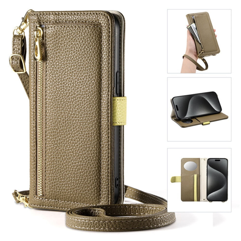 Eseble Leather Case For Google Pixel 10/10 Pro: 3-Card Holder, Zipper Bills Slot, Mirror, Detachable Lanyard & Wristlet Wallet Â Brown 9180479773696