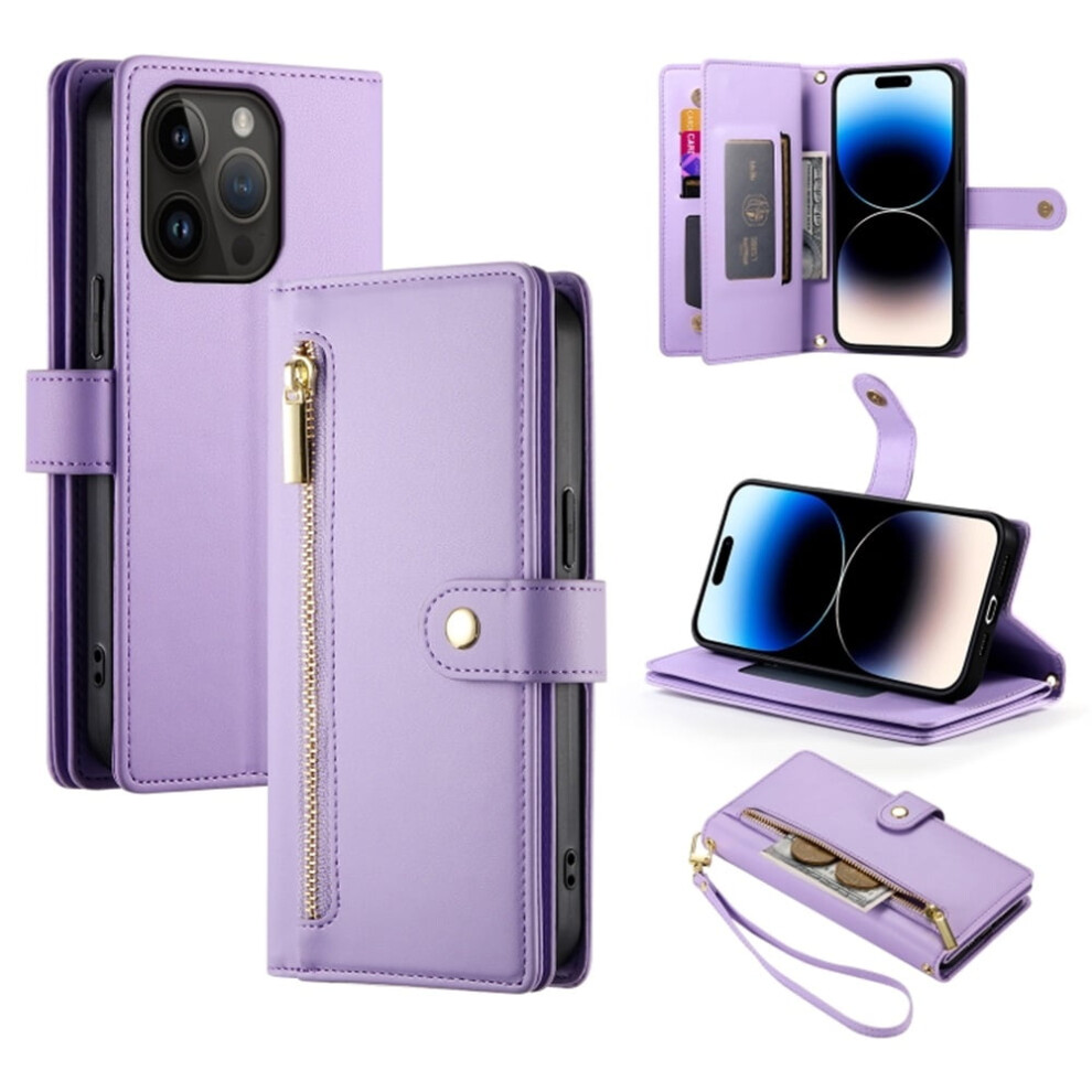 Leather Wallet Case For Iphone 14 Pro 6.1", Multi-Card Slots, Zipper Pocket, Lanyard Strap, Compatible With Iphone 14 Pro Purple 9180479773900