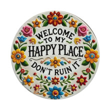 Vintage 12" Round Metal Welcome Sign: "Welcome to My Happy Place, Don't Ruin It" with Colorful Hand-Drawn Flowers – Indoor/Outdoor Decor