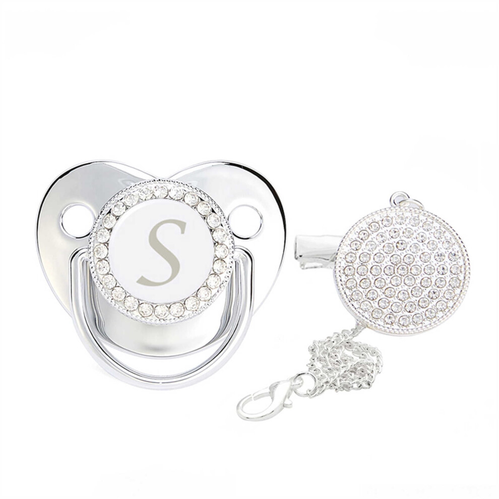 Nrmvnmi Baby Pacifier And Clips With Rhinestones Bling 26 Letters Initials Personalized Baby Infant Newborn Pacifier Silver