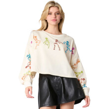Paillettenbesetzter Totenkopf-Pullover für Damen, langärmelig
