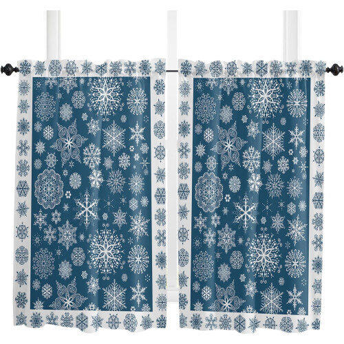 Blue Christmas Kitchen Curtains Rod Pocket 2 Panels 52x63