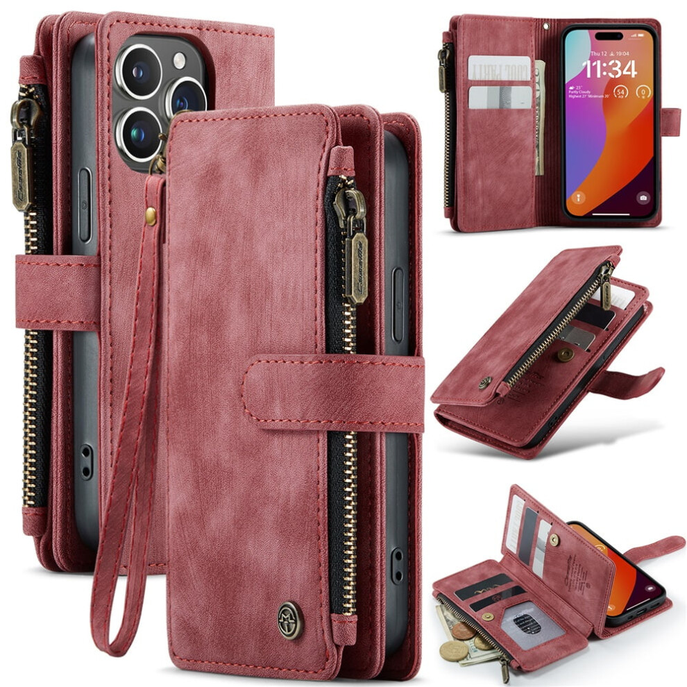 Caseme Wallet Case For Iphone 15 ProâPu Leather, Magnetic Flip, Lanyard Strap, Zipper Card Holder, Red 9557311443824