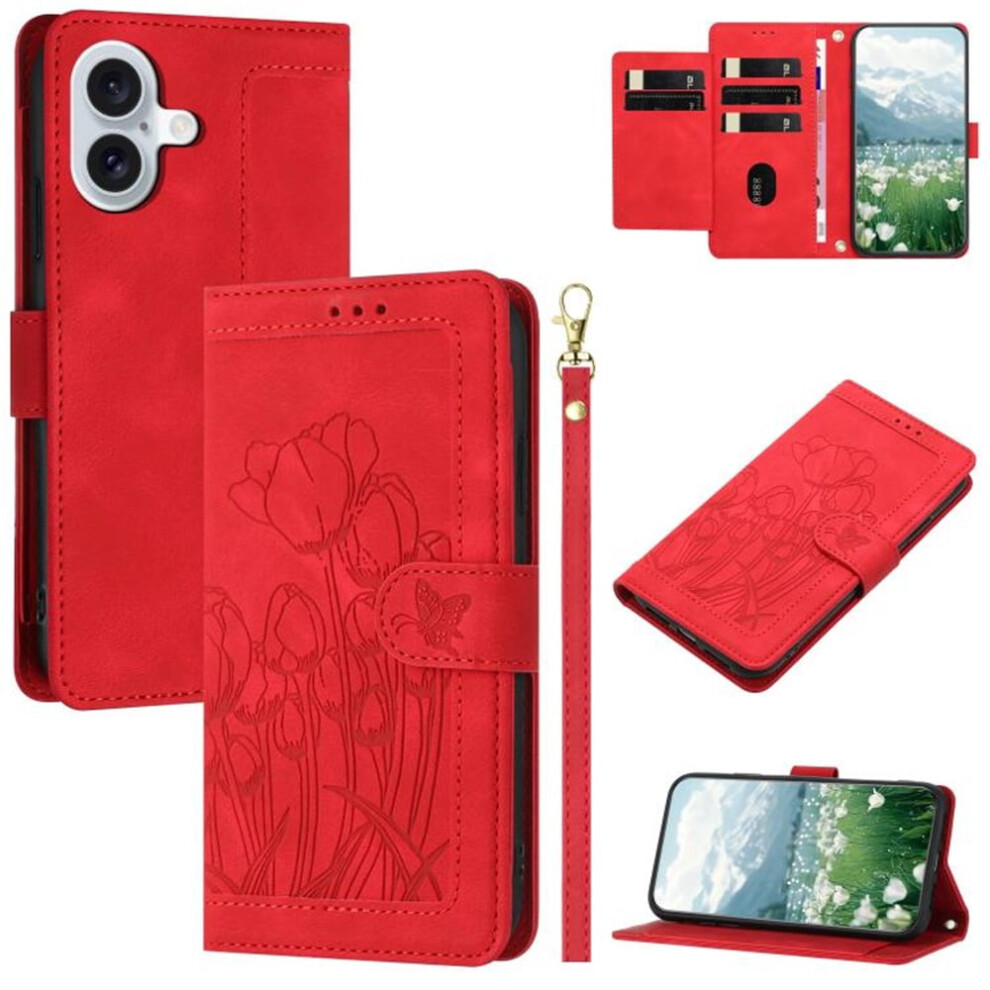 Leather Flip Wallet Case For Compatible With Iphone 16 Â Tulip Embossed, 5-Card Holder, Magnetic Closure, Detachable Wrist Strap, Shockproof, Red 9557311444067