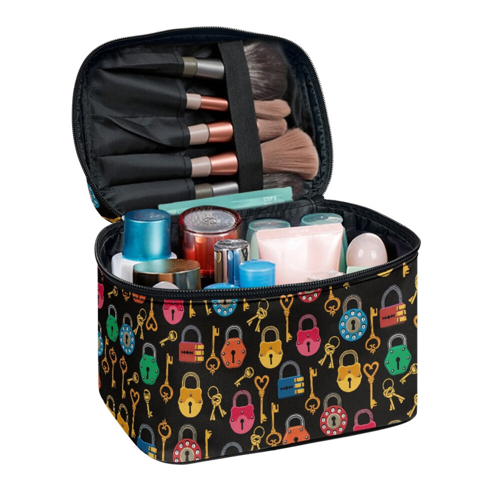 Lock Pattern Design Makeup Bag with Brush Slots (8.86"x6.5"x5.9") with Brush Holder Handy Brush Protectors for Cosmetics & Toiletries