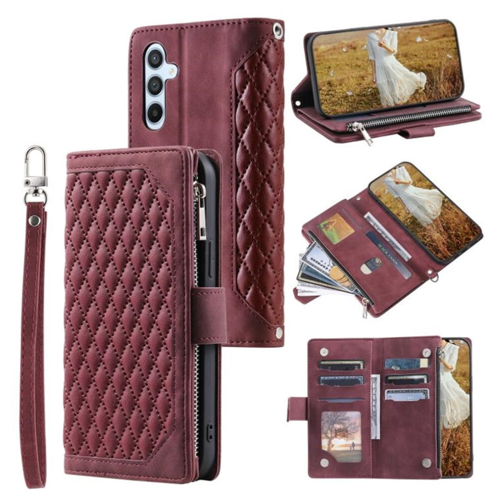 Checke Pu Leather Flip Wallet Case For Samsung Galaxy A16 5Gâ6-Card Slots, Kickstand, Wrist Strap, Lanyard, Zipper, Wine Red 9557311444647