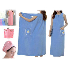 Quick Dry Wearable Bath Towel for Women, Plus Size (145–200+ lbs), with Shoulder Straps & Shower Cap – Blue
