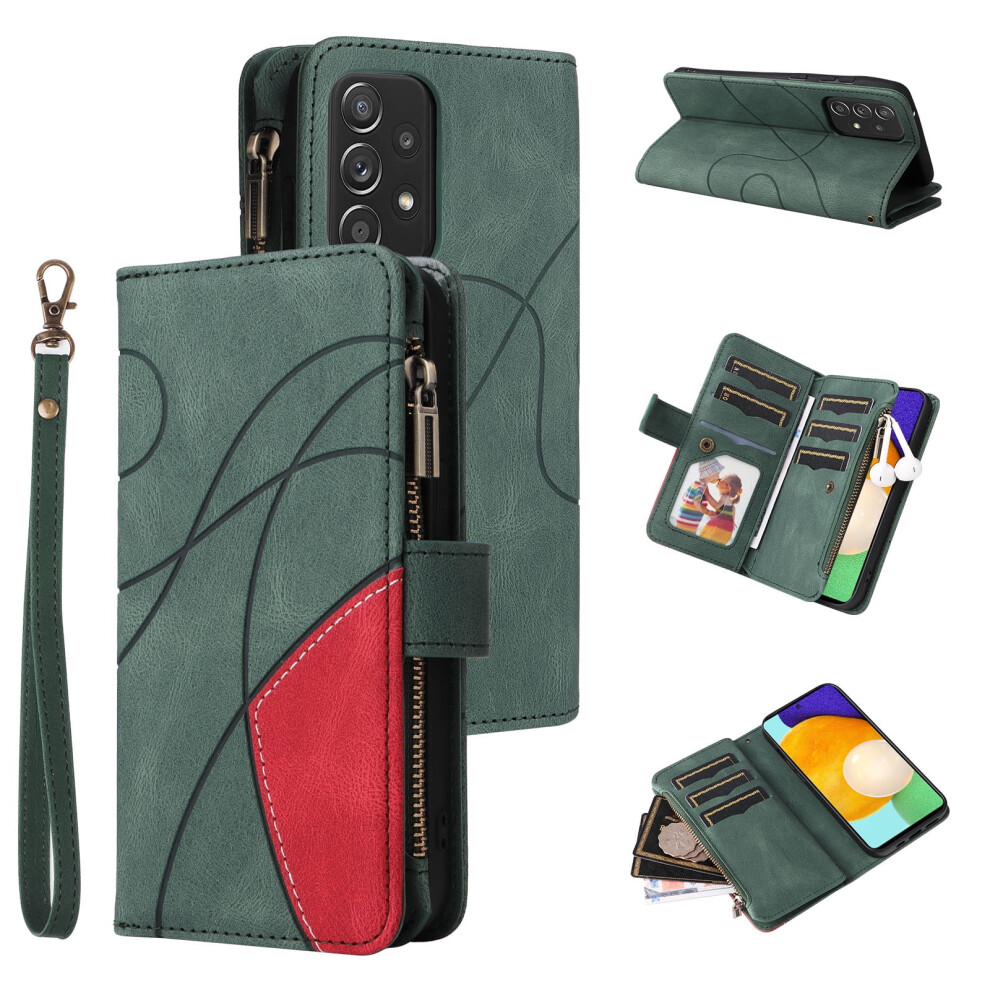 Compatible With Samsung Galaxy A52 5G Wallet Phone Case Â 9-Card Holder, Zipper Pocket, Magnetic Closure, Pu Leather Folio With Wrist Strap, Green 9557311447082