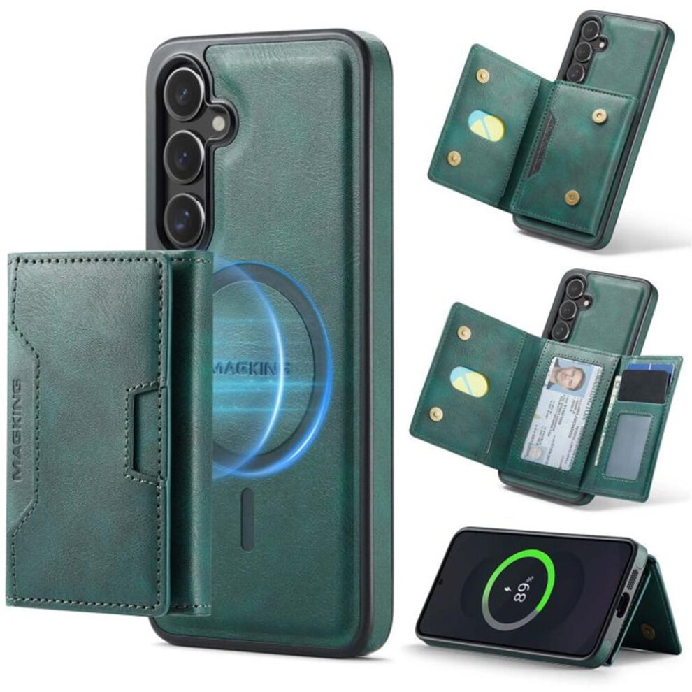Rfid-Blocking Leather Case For Samsung Galaxy S24 5G (6.2") Â Magsafe, 7-Card Slots, Kickstand, Flip & Detachable, Shockproof, Green 9557311447884