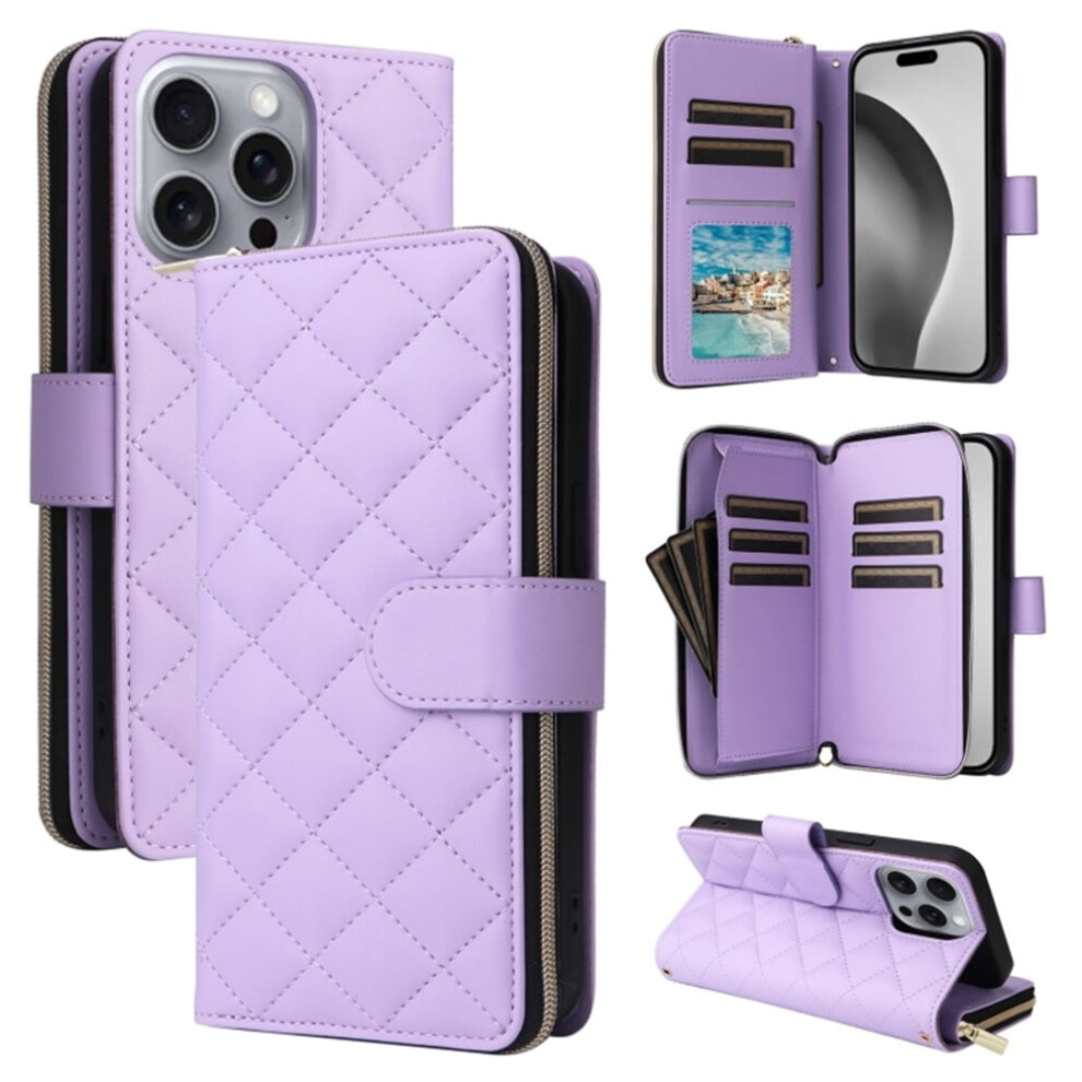 Magnetic Flip Wallet Case For Iphone 15 Pro: 9-Card Slots, Zipper Pocket, Detachable Shoulder & Wrist Straps, Purple 9557311448041