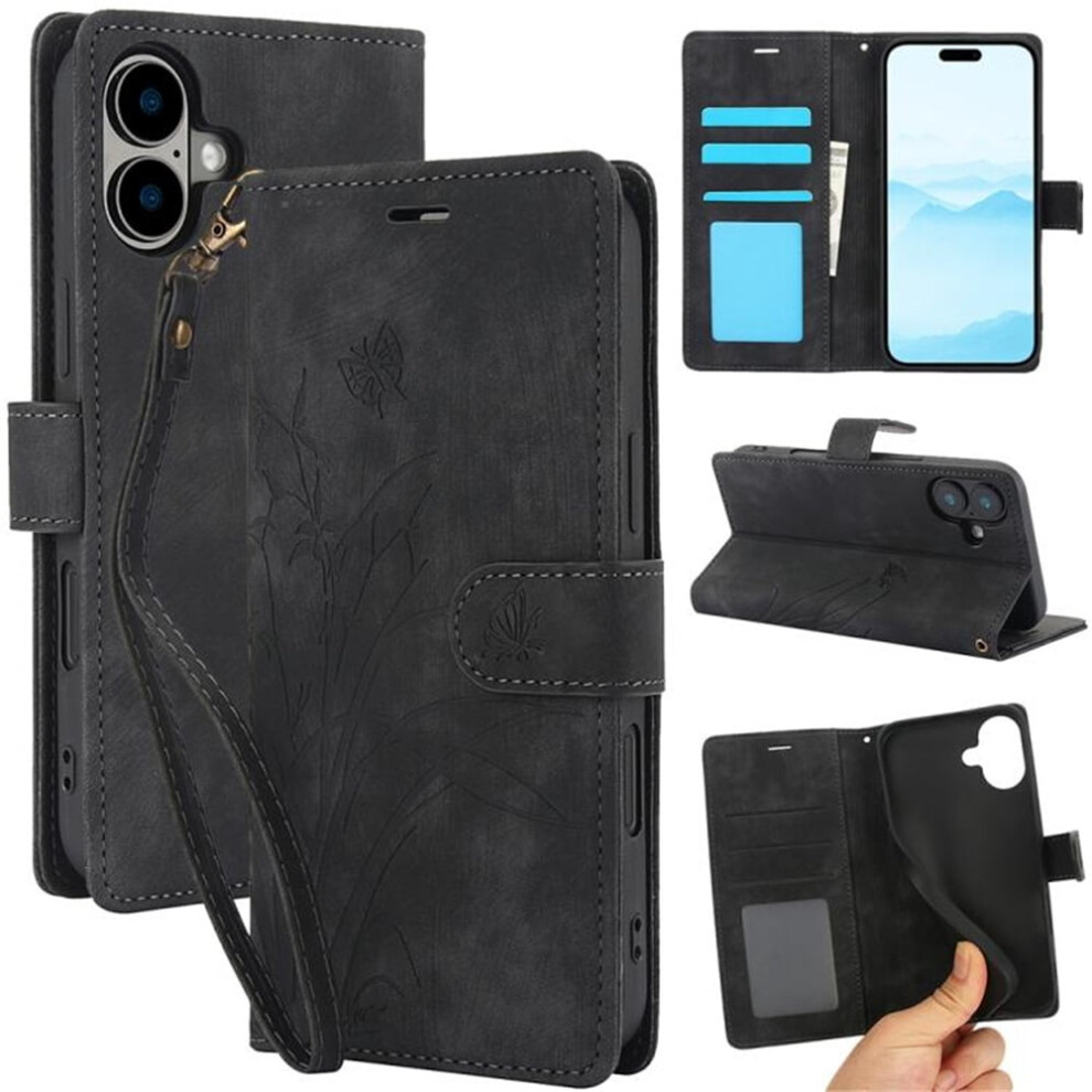 Orchids & Butterflies Embossed Leather Flip Wallet Case With Card Holder & Magnetic Closure, ÂCompatible With Iphone 16 Black 9557311447679
