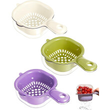 3pcs Fruit Washing Bowl with Strainer, Thickened Double-Layer, Ergonomic Handles, Drain Basket for Fruits & Veggies – Green/Purple/White
