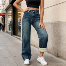 Women's High-Waisted Straight Wide-Leg Thermal Denim Pants