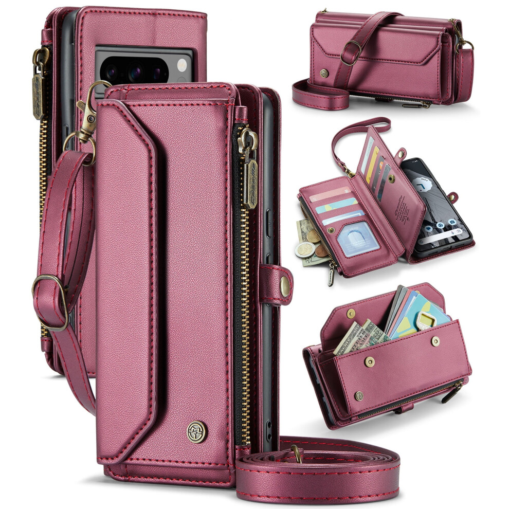 Caseme Leather Wallet Case For Google Pixel 8 Pro 6.7" Â Rfid Blocking, 10-Card Holder, Zipper Bills Slot, Magnetic Wrist Strap 9557311940798