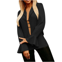 Elegante Damenblazer, Businessbluse mit Reverskragen, Rüschen, langen Ärmeln, Knopfleiste, tiefem V-Ausschnitt und Glockenärmeln