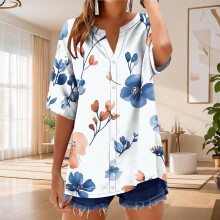 Magliette da donna taglie forti a maniche corte con scollo a V, top da allenamento, camicetta ampia, estiva, casual, con stampa floreale, maglietta