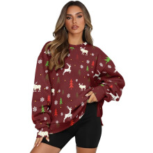 Sudadera de mujer con estampado de árbol de renos navideños, sudadera de manga larga con cuello redondo extragrande, talla S