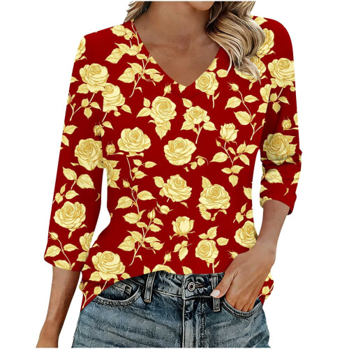 Top da donna a maniche a 3/4, camicie casual con scollo a V, magliette basic morbide, camicette da lavoro