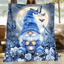 HELLOYOUNG Blue Gnome & Butterfly Throw Blanket – Soft Flannel, All-Season, Machine Washable, Compatible with Sofa, Bed, Office Chair