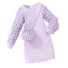 Girls Dresses Long Sleeve Puffed Sleeve Strip with Bag Solid Color Dress Baby Girl Outfits