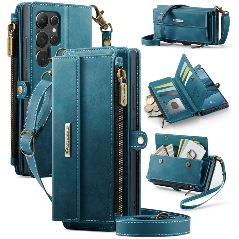 Caseme Wallet Case Compatible With Samsung Galaxy S22 Ultra 5G Â Rfid-Blocking Pu Leather, Kickstand, Wrist Strap, Zipper, Card Slots, Blue 9340959372591