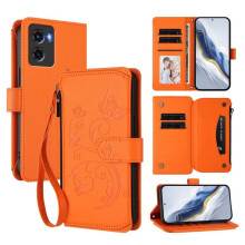 Magnetische flip-standaard hoes voor Motorola Moto E15/G05 – Oranje leren portemonnee met draagkoord, 5-kaarthouder en ritssluiting, compatibel met
