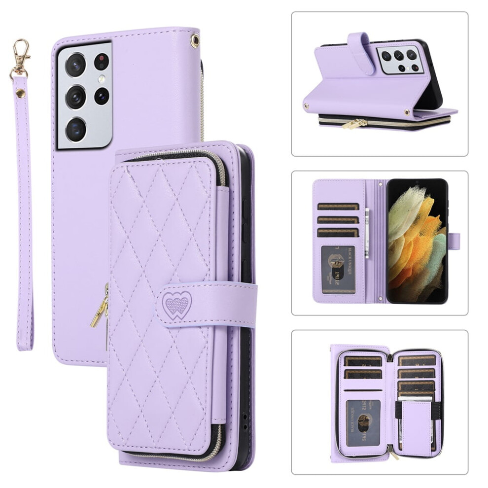 Luxury Leather Wallet Case For Samsung Galaxy S21 Ultra 5G (6.8") Â 9 Card Slots, Zipper Purse, Wrist/Shoulder Strap, Stand Function Purple 9340959372515