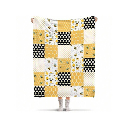 Κουβέρτα Cozy Bee Flannel – Διπλής Όψης με Κηρήθρα & Μέλισσες σε Στυλ Κινούμενου Τύπου,