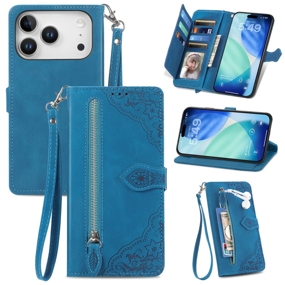 Magnetic Leather Wallet Case With Zipper, Kickstand & Wrist Strap For Compatible With Iphone 17 Pro Max 6.9" 9340959373215