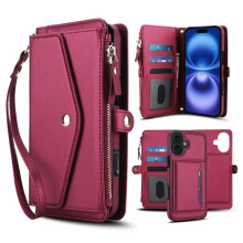 RFID-blokkerende 2-in-1 magnetische flip-wallet voor iPhone 16 Plus – Zacht PU-leer, meerdere kaartsleuven, ritsvak, afneembare schouder- en