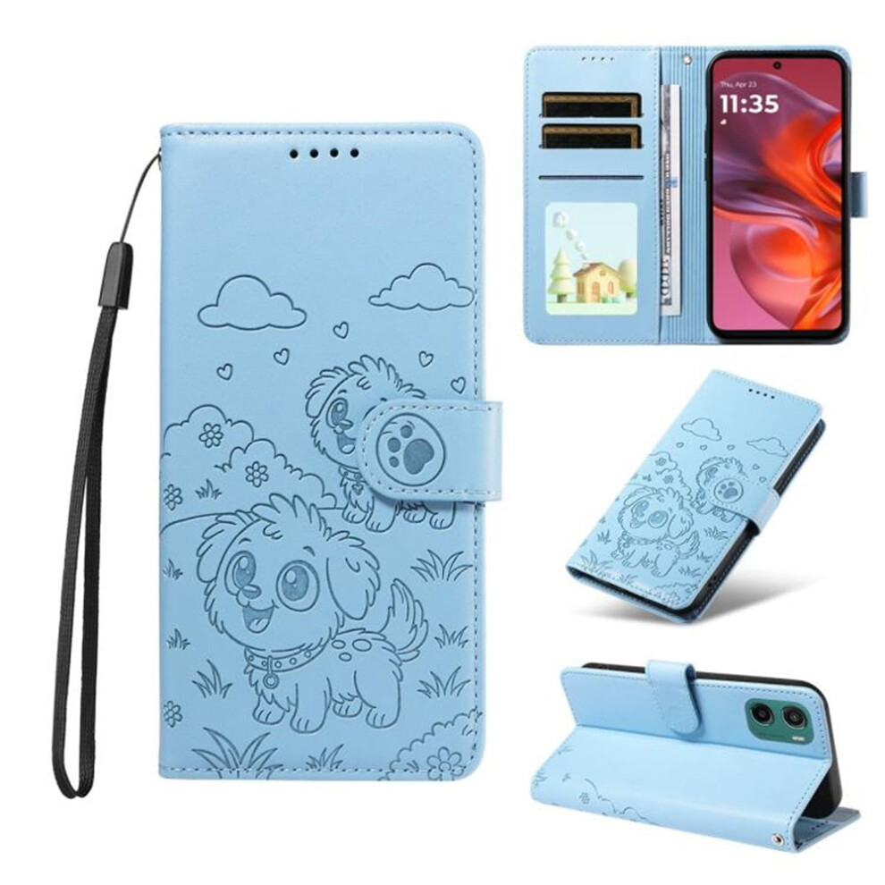 Motorola Moto E15 Dog Embossing Leather Case With Rfid Wallet, Magnetic Clasp, Lanyard & Flip Stand Â Blue 9340959373758