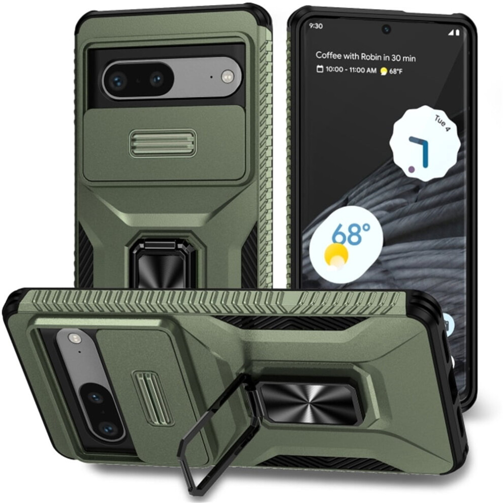 Slim Shockproof Hybrid Case For Google Pixel 7 5G – Slide Camera Cover, Rotating Ring Kickstand, Military-Grade, Alpine Compatible With Green 9340959374083