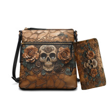 Set composto da borsa a tracolla e portafoglio in pelle con stampa a rosette e teschio per donna, borsa a tracolla con tasche multiple e tracolla