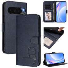 Telefoonhoesje van leer met Litter Panda-reliëf voor Google Pixel 10 Pro – RFID-portemonnee, magnetische sluiting, draagkoord en standaard, blauw