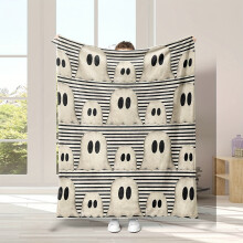 Halloween Ghost Printed Flannel Blanket, Black White Striped Soft Plush Throw, Skin-Friendly Non-Pilling for Sofa Bed Chair Nap Decorative