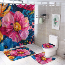 Ensemble de rideau de douche 4 pièces avec tapis, imperméable, motif floral pour la décoration de la salle de bain – Compatible avec les douches