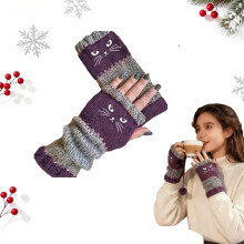 Fingerlose Strickhandschuhe mit Katzenstickerei, warm für Damen