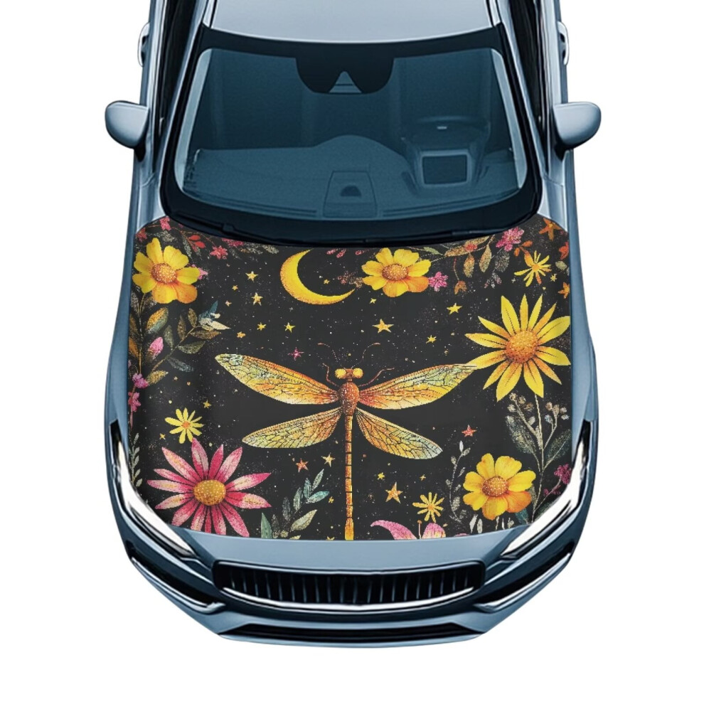 Car Hood Cover, 59.05X39.37 In Car Bonnet Banner, Universal Fit For Most Cars, Stretchable Moon Dragonfly Automotive Hood Covers 9180479356998