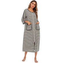 Women's Cotton Zipper Front Housecoat with Pockets, Short/Half Sleeve, Full-Length Robe – Compatible with Home & Bath